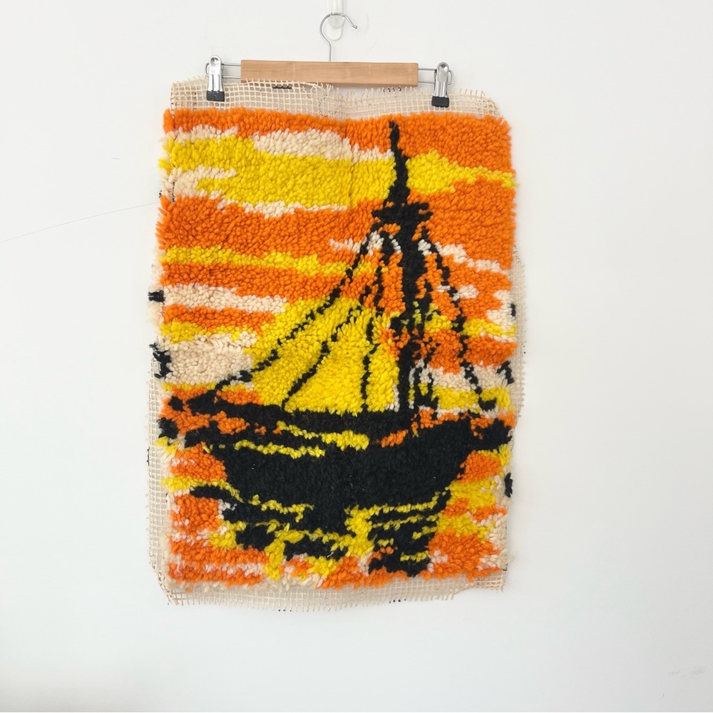 Vintage Latch Hook Rug Wall Tapestry Sailboat in Sunset Orange Yellow No Border